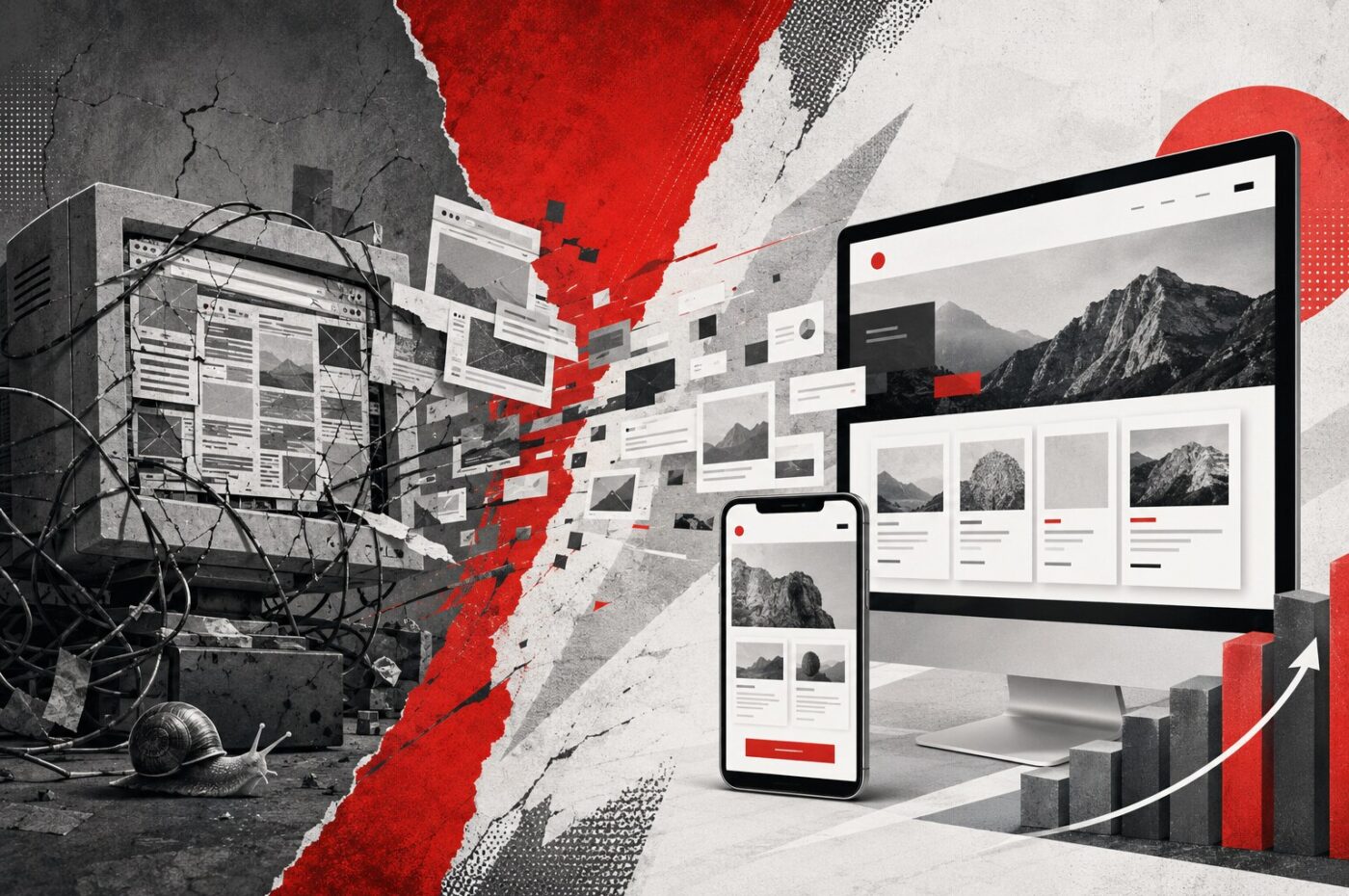A modern website redesign shown across desktop and mobile screens